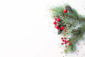 Christmas composition on a white background. Top view with copy space