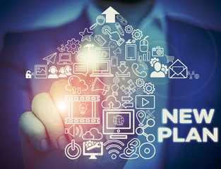 Text sign showing New Plan. Business photo showcasing Start of a detailed proposal of doing or...