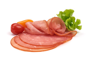 Sliced Smoked Ham sausage, isolated on white background