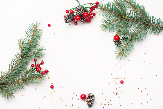 Christmas composition on a white background. Top view with copy space