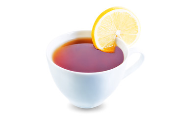 Cup of black tea with lemon on a white isolated background
