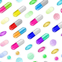 Pills and lozenges vector seamless pattern. Containers for powder or granulas. Pharmaceutical, medication symbols, isolated on white. Medical treatment drug duo capsules for poster, ads decoration.