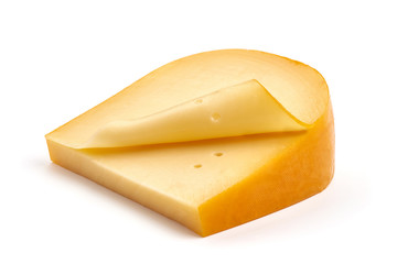 Hard Dutch gouda cheese, isolated on white background - obrazy, fototapety, plakaty