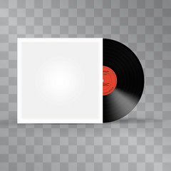 Vector vinyl record template with blank cover. Vintage acoustic medium for gramophones. Retro audio black plastic disc for mock ups, stylish posters, banners, ads for authentic recorded sound lovers.