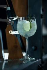Gin tonic cocktail with rosemary on the background of a bar or restaurant.