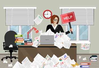 Business woman needs help under a lot of documents in office at the desk and holding a HELP placard