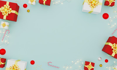 Christmas and New Year decoration flat lay on light blue background. Holiday greeting card. Christmas na New Year background concept. Gift boxes, candy canes, christmas tree branches and toys. Mockup.