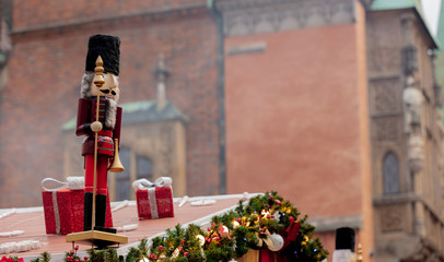 Christmas lights and nutcracker on roof in Wroclaw, Poland