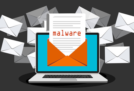 Concept of virus, piracy, hacking and security. Envelope with walware in iaptop. Website banner of e-mail protection, anti-malware software. Flat vector illustration.