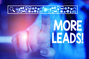 Text sign showing More Leads. Business photo text initiation of consumer interest or enquiry into product Woman wear formal work suit presenting presentation using smart device