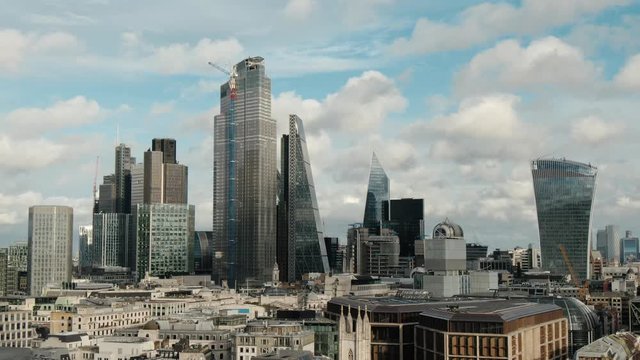 Aerial drone view of City of London Skyline during day time in London
