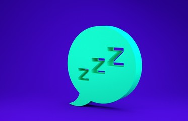Green Speech bubble with snoring icon isolated on blue background. Concept of sleeping, insomnia, alarm clock app, deep sleep, awakening. Minimalism concept. 3d illustration 3D render