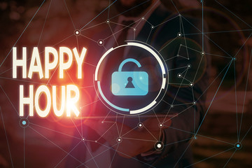Conceptual hand writing showing Happy Hour. Concept meaning Spending time for activities that makes...