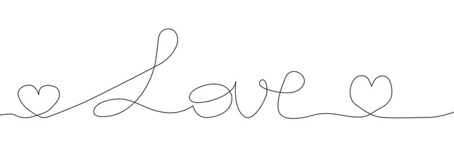Continuous line drawing of heart and word LOVE, Black and white minimalist illustration of love concept made of one line