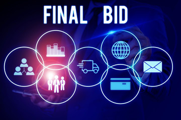Word writing text Final Bid. Business photo showcasing The decided cost of an item which is usualy...