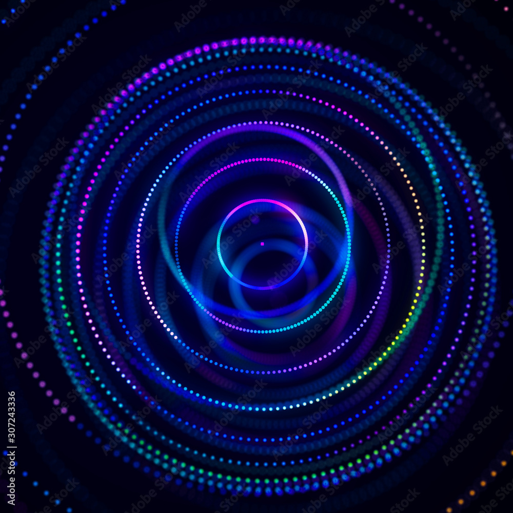 Poster 3d abstract sphere. Sphere particles on dark background. Science and technology. 3d rendering.