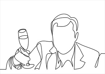 successful businessman holding a glass of champagne- continuous line drawing