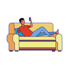 avatar lying man on couch using a cellphone, colorful design