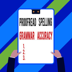 Word writing text Proofread Spelling Grammar Accuracy. Business photo showcasing Grammatically correct Avoid mistakes Two executive male hands holding electronic device geometrical background