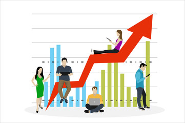 Business graph growth concept vector illustration of professional people working as team and sitting on growing chart. Flat people using laptops to develop business. White business background