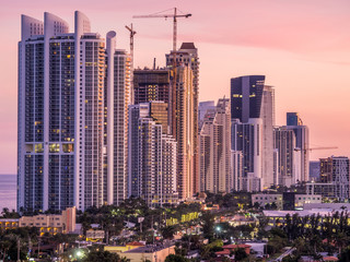 Skyline of South Florida waterfront city at sunset