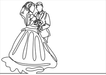 beautiful young bride and groom with the bride's bouquet- continuous line drawing