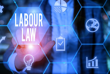 Text sign showing Labour Law. Business photo text Rules implemented by the state between employers and employee Female human wear formal work suit presenting presentation use smart device