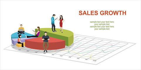 Business graph growth concept vector illustration of professional people working as team and sitting on growing chart. Flat people using laptops to develop business. White business background