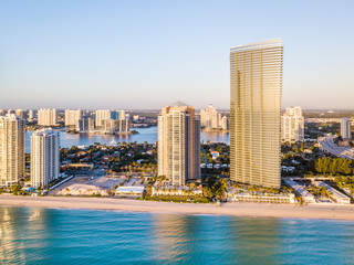 Fototapeta na wymiar Aerial panorama of skyline at waterfront of South Florida