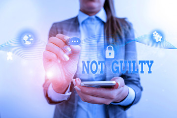 Word writing text Not Guilty. Business photo showcasing someone is innocent didnt commit specific...