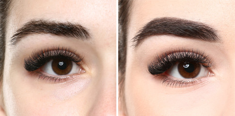 Young woman before and after eyebrows correction, closeup