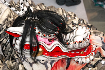 Tokyo,Japan-December 1, 2019: Masks of big snake or dragon used for Kagura. Kagura is a sacred...