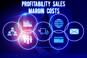 Conceptual hand writing showing Profitability Sales Margin Costs. Concept meaning Business incomes revenues Budget earnings Male wear formal suit presenting presentation smart device