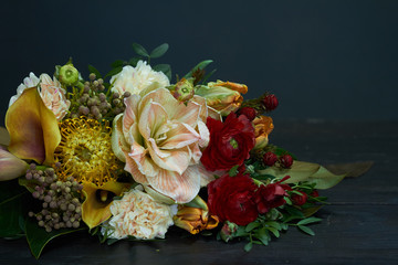 Naked bouquet in vintage style on a dark background, selective focus