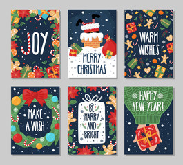 Set of Christmas and New Year greeting cards with hand-drawn elments. On dark blue background.