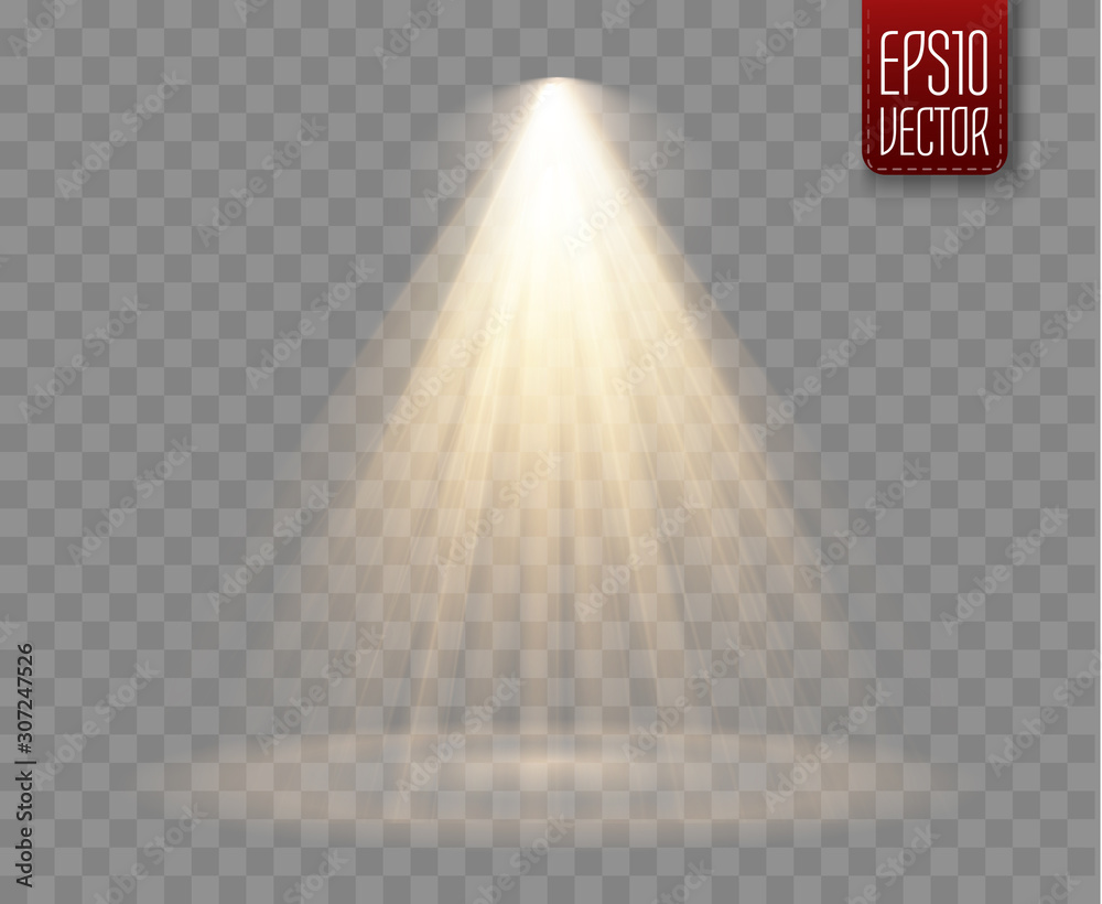 Poster spotlight isolated on transparent background. vector sunlight with gold rays and beams. vector warm 