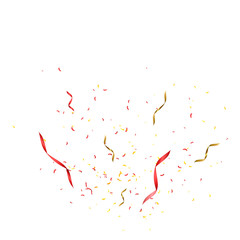 Confetti burst explosion. Gold and red flying ribbons, streamers and paper particles. Birthday party background. Vector illustration