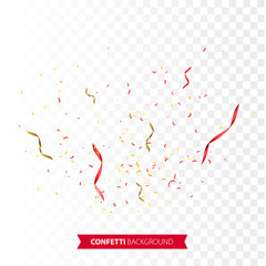 Confetti burst explosion. Gold and red flying ribbons, streamers and paper particles. Birthday party background. Festive vector illustration