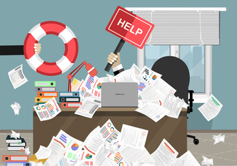 Businessman sticks out of a pile of papers. Another person is stretching a lifeline and wants to help. Helping Business to survive. Drowning businessman getting lifebuoy from another businessman