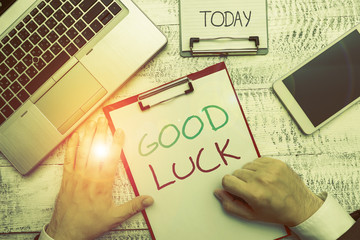 Text sign showing Good Luck. Business photo showcasing A positive fortune or a happy outcome that a...