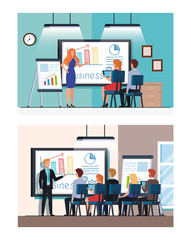 set of scenes business people meeting with infographics presentation vector illustration design