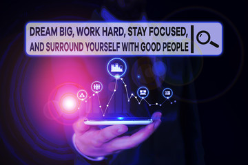 Conceptual hand writing showing Dream Big Work Hard Stay Focused. Concept meaning Dream Big Work...