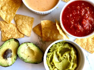 Chips and dips, top down view 