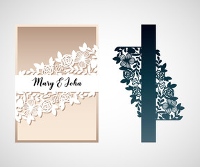 Openwork card with flowers. Laser cutting template for wedding invitation.