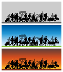 Walking immigrants silhouette with different backgrounds copy