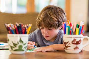 6 year old boy drawing amoung colorful pens