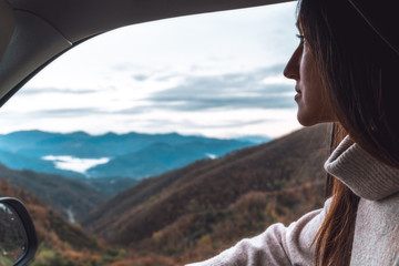 young woman  mountains view