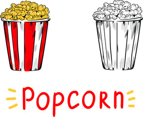 popcorn in a box isolated illustration and lettering on white background . Concept for print, web design, icon, logo