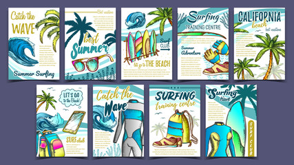 Wetsuits, Ocean Wave And Seaweed Set Banner Vector. Collection Of Advertising Posters With Swimming Suits And Surfing Boards, Trees And Sunglasses, Smartphone And Clothing Illustrations