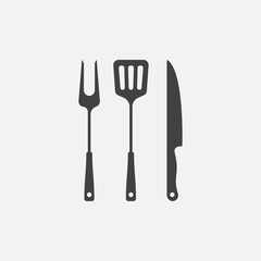 BBQ with flame icon, Grill sign meat and food icon, fork, spatula and knife Barbeque icon symbol, Barbeque Icon Vector Illustration Sign